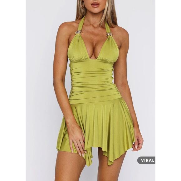 White Fox Mini Dress Halter Neck Use Somebody Size XS Olive Green - Picture 5 of 6